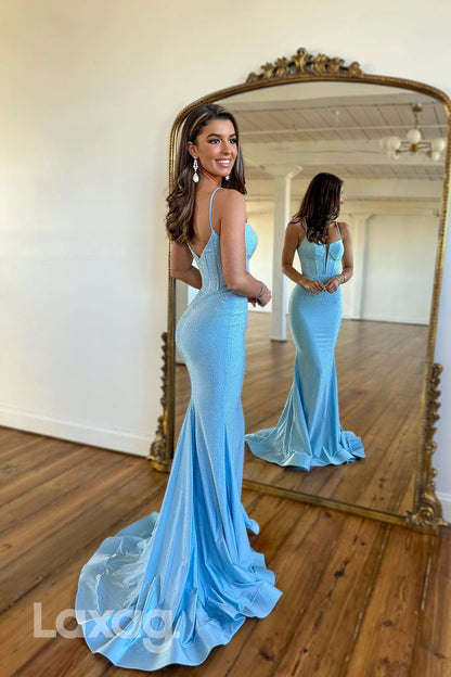 20712 - Spaghetti Straps Deep Long Prom Gown With Sweep Train