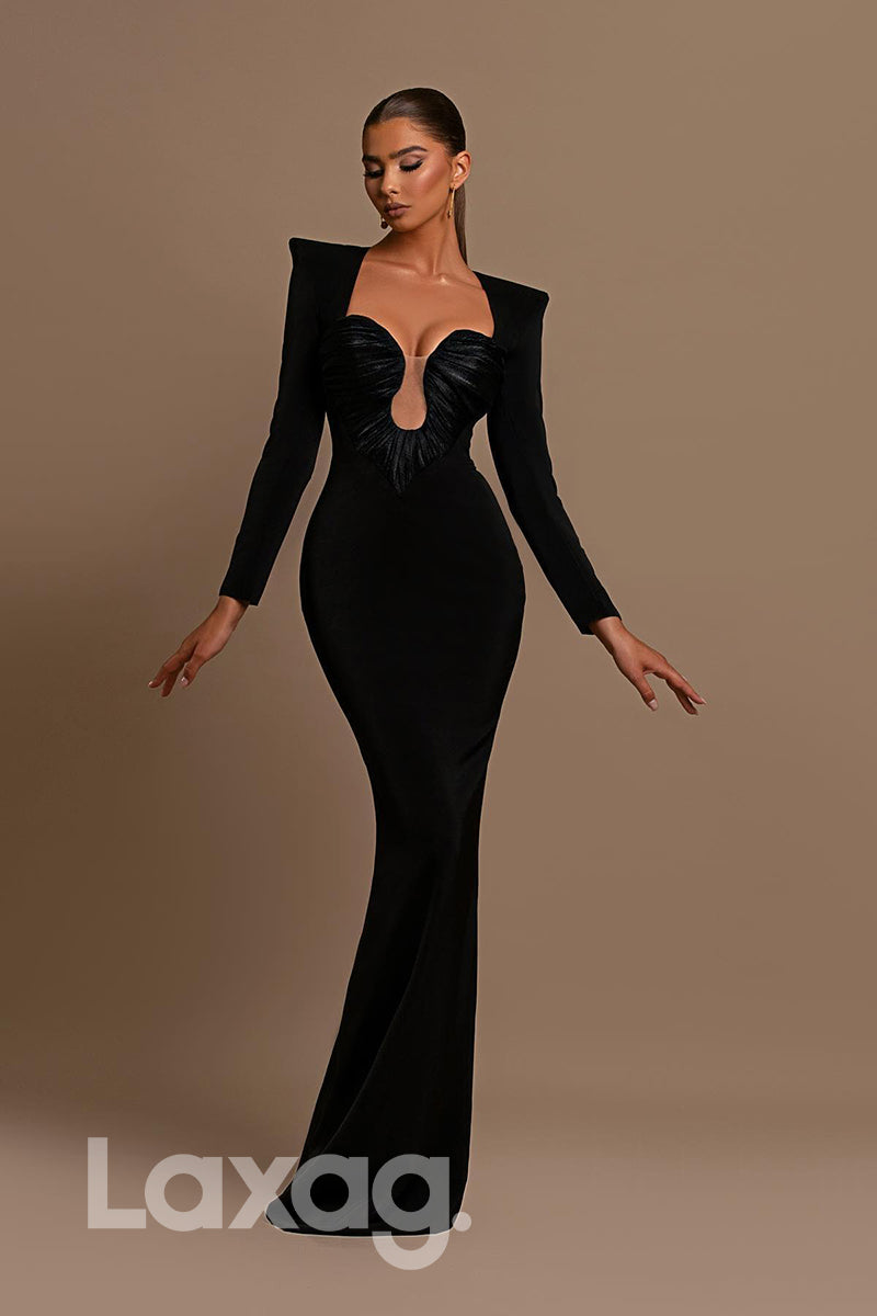 20789 - Illusion Neck Square Shoulder Long Sleeves Black Prom Dress