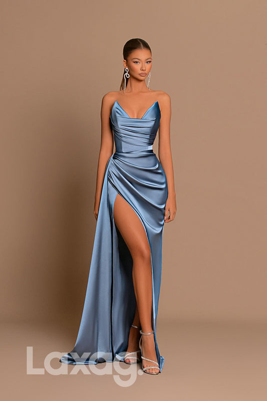 20799 - Elegant Blue V Neck Pleats Prom Dress with Slit