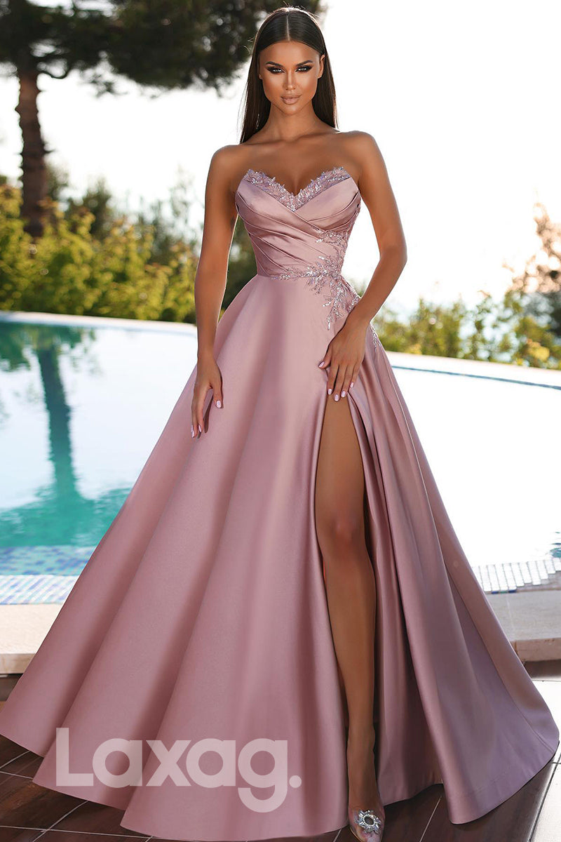 21720 - Sweetheart Sequins Thigh Split Ruched Prom Dress