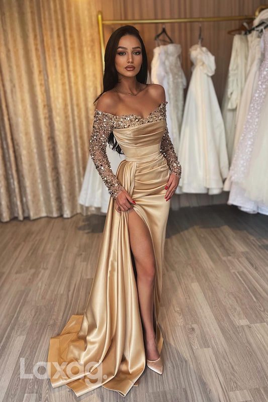 21782 - Off-Shoulder Sequined Long Sleeves Slit Prom Evening Dress
