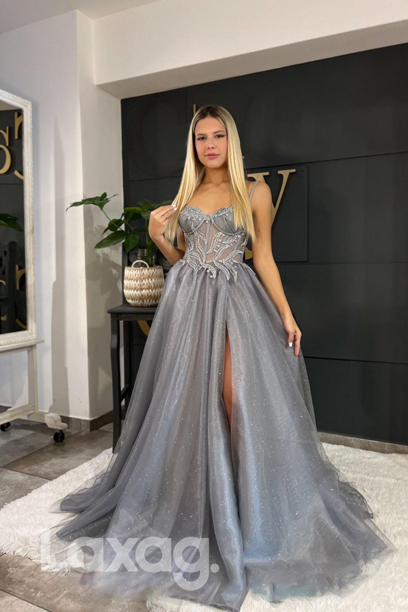21802 - Spaghetti Sweetheart Lace Appliques Thigh Slit Silver Grey Prom Dress