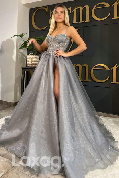 21802 - Spaghetti Sweetheart Lace Appliques Thigh Slit Silver Grey Prom Dress
