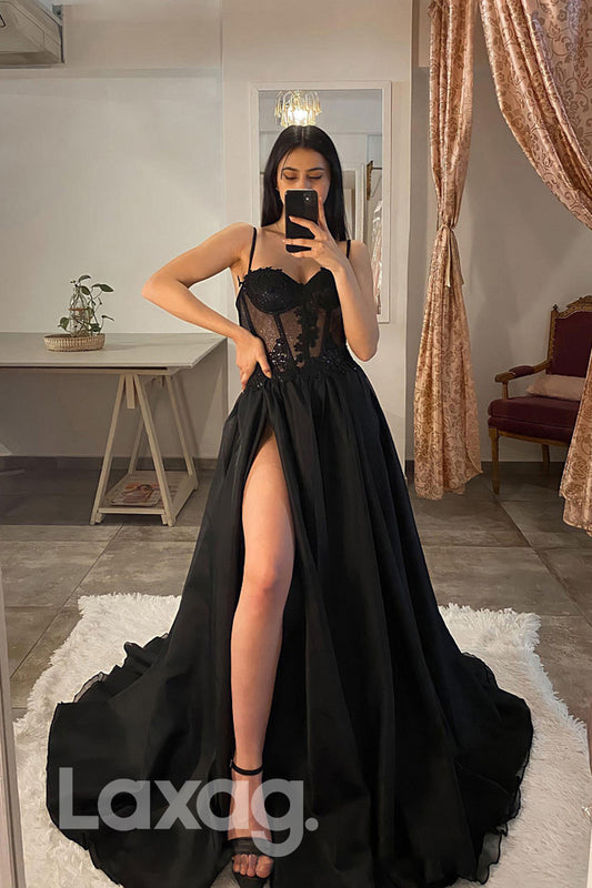 21805 - Spaghetti Thigh Slit Lace Appliques Black Prom Dress