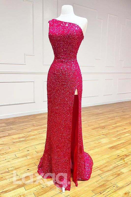 21806 - One Shoulder Thigh Slit Sequins Prom Dress