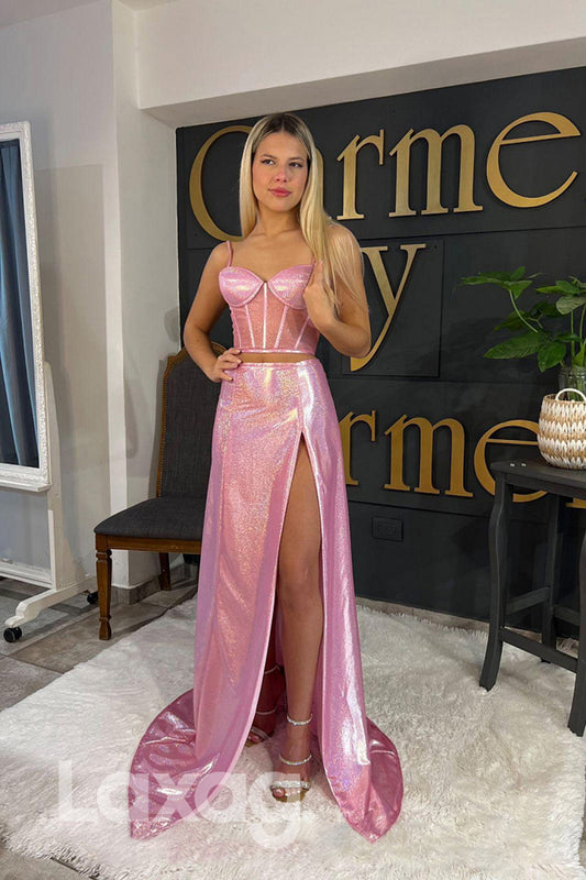 21810 - Pink Sequins Bone Bodice Thigh Slit Prom Dress