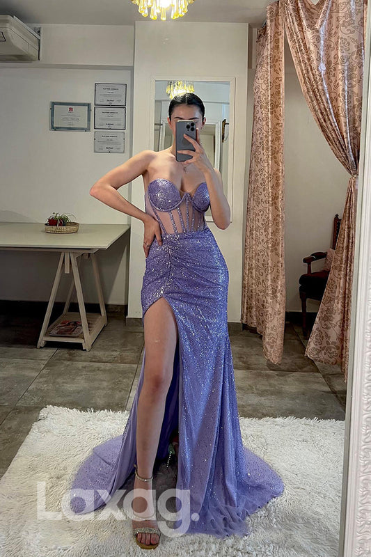 21812 - Sweetheart Sequins Thigh Slit Purple Prom Dress