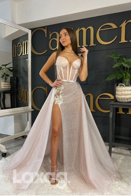 21813 - Spaghetti Bone Bodice Thigh Slit Prom Dress with Overskirt