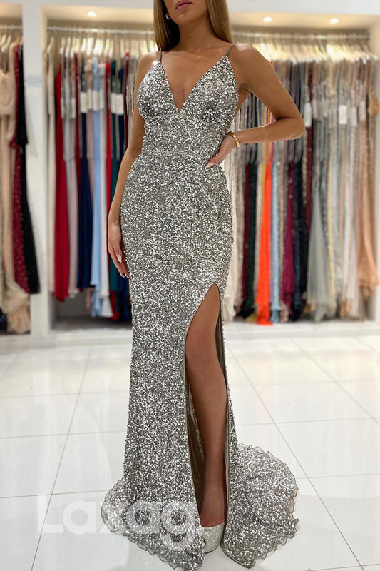 21815 - V Neck Silver Sequin Prom Evening Dress with Slit