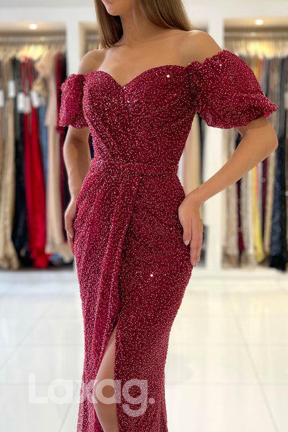 21816 - Off Shoulder Burgundy Sequin Prom Evening Dress with Slit