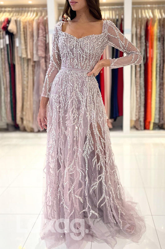 21822 - Long Sleeves Beaded Slit Prom Evening Dress With Detachable Skirt