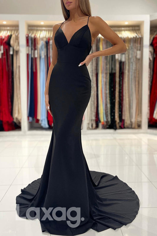 21828 - Spaghetti V Neck Classic Satin Black Mermaid Prom Evening Dress
