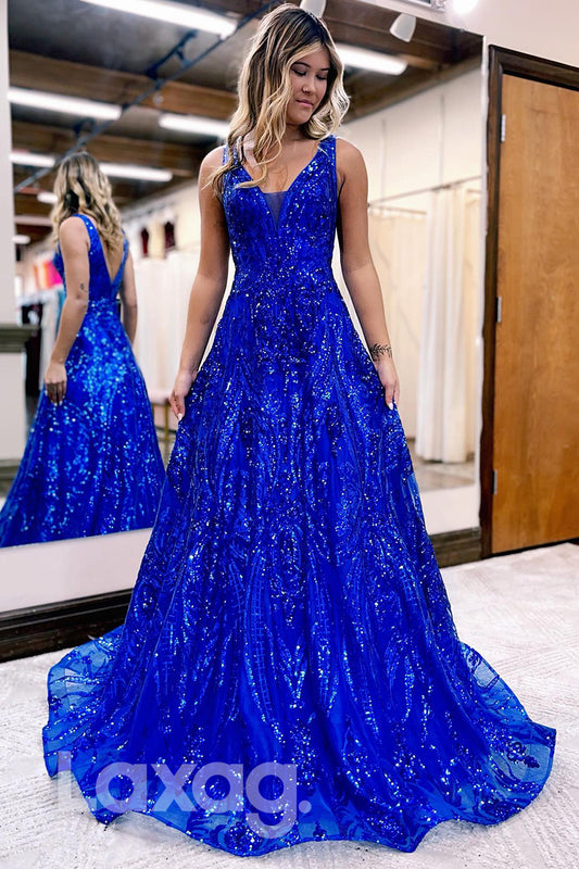 21836 - Royal Blue V Neck Sequins Prom Evening Dress