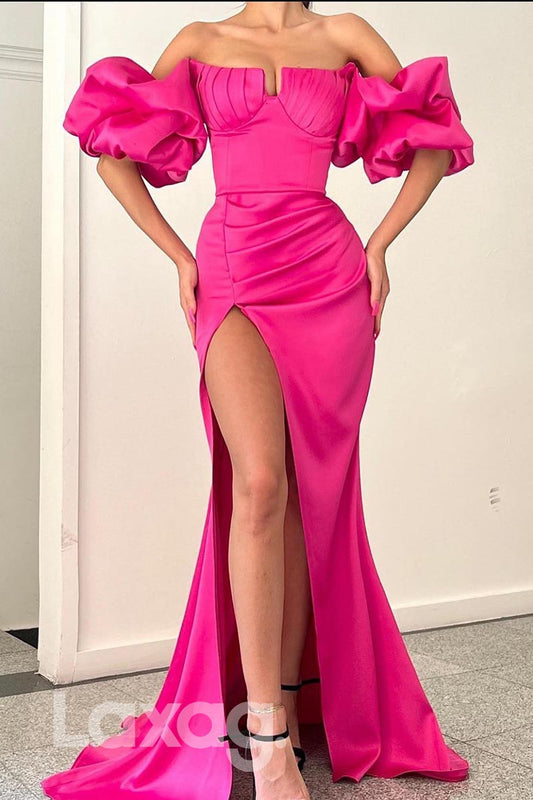 21846 - Rosy Pink Puffy Sleeves Thigh Slit Satin Prom Evening Dress