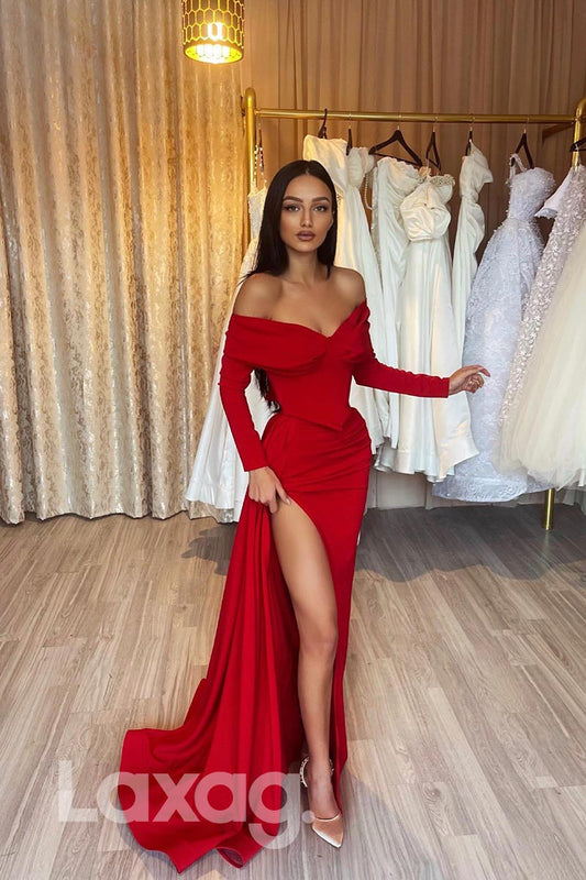 21848 - Off Shoulder Thigh Slit Long Sleeves Red Prom Evening Dress