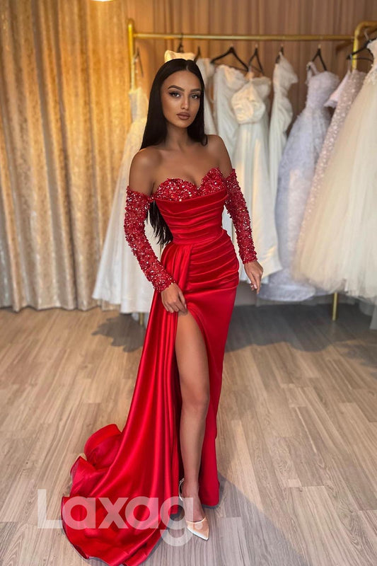 21853 - Sleeves Thigh Slit Sequins Satin Red Prom Evening Dress