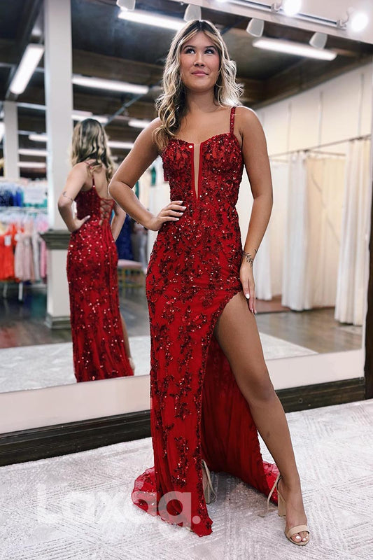 21856 - Spaghetti Plunging Neck Thigh Slit Red Sequins Prom Evening Dress