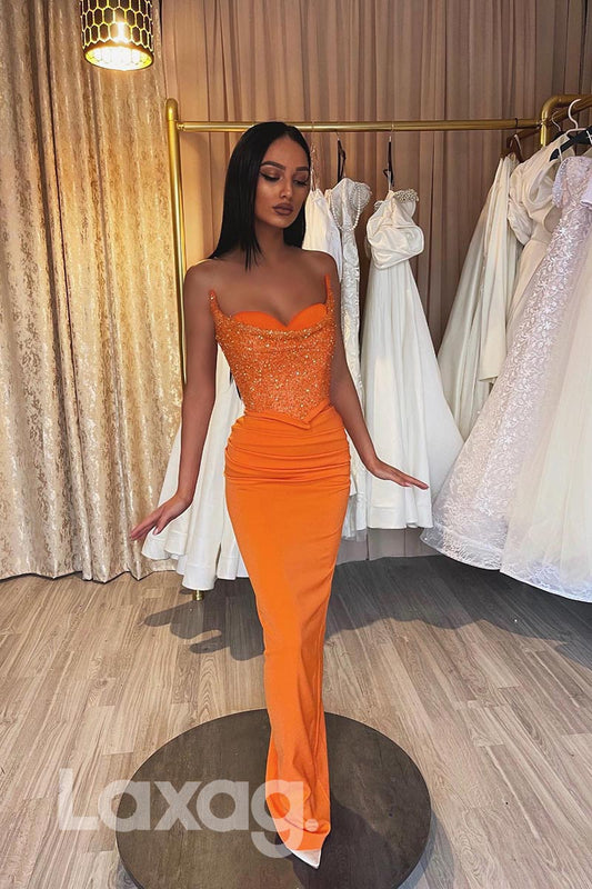 21863 - Strapless Orange Sequins Top Satin Prom Evening Dress