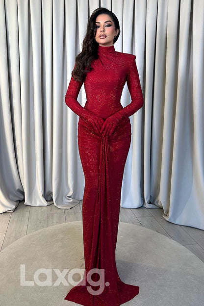 21866 - High Full Beads Long Sleeves Red Prom Evening Dress