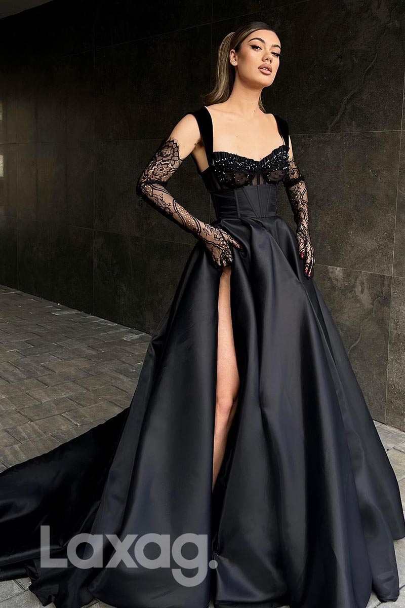 21867 - Straps Thigh Slit Beads Black Prom Evening Dress with Gloves