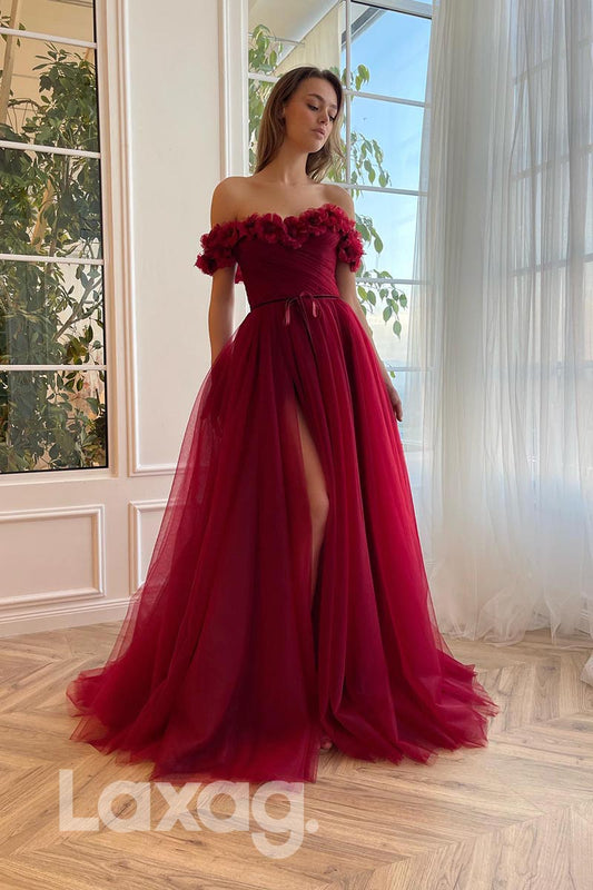 21870 - Off Shoulder Appliques Thigh Slit Burgundy Prom Evening Dress