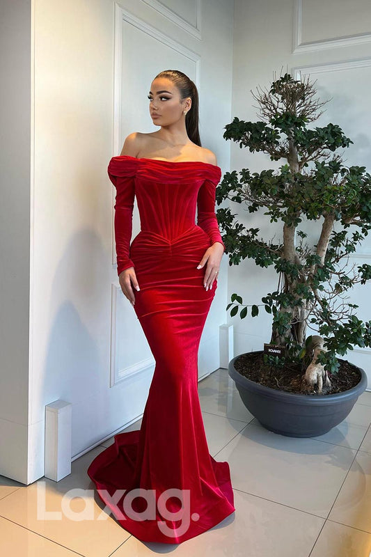 21874 - Off Shoulder Bone Bodice Red Mermaid Prom Evening Dress