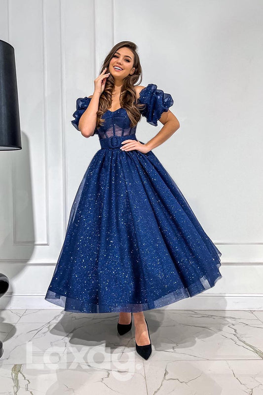 21876 - Navy Blue Off Shoulder Ankle Length Glitter Prom Evening Dress