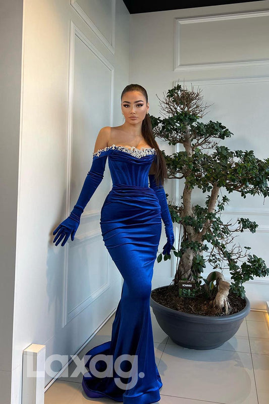 21878 - Off Shoulder Beads Blue Mermaid Prom Evening Dress with Gloves