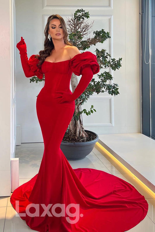 21879 - Off Shoulder Red Mermaid Prom Evening Dress with Gloves