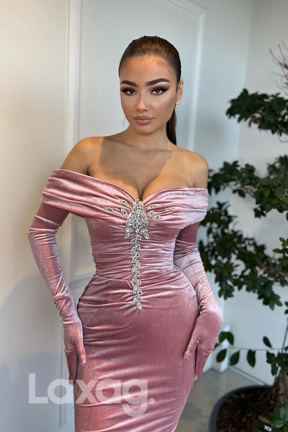 21880 - Off Shoulder Beads Pink Mermaid Prom Evening Dress with Gloves