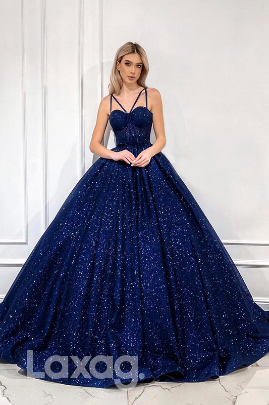 21882 - Straps Blue Glitter Ball Gown Prom Evening Dress