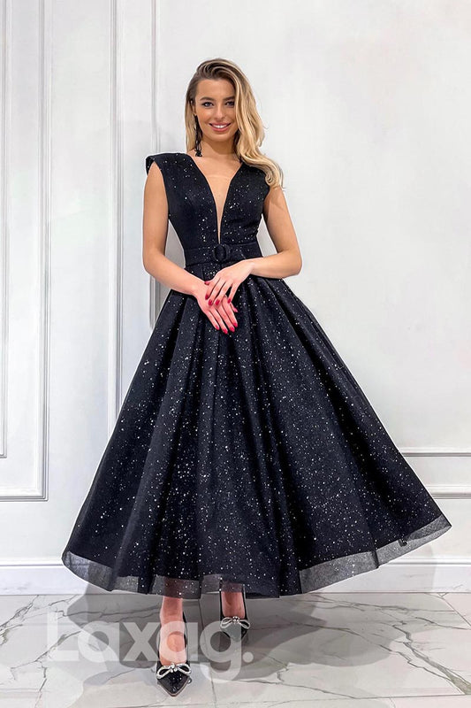 21885 - Glitter V Neck Backless Ankle Length Prom Evening Dress