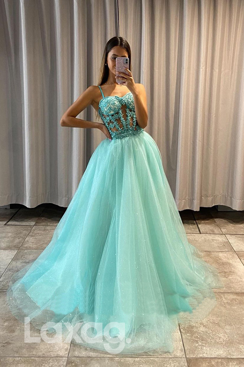 16839 - A-line Spaghetti Straps Tulle Appliques Long Prom Dress with Detachable Train|LAXAG