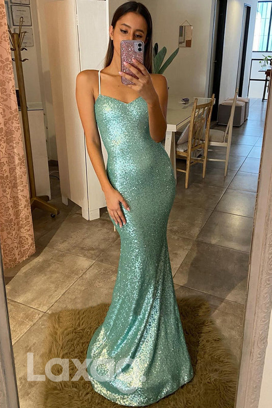 16840 - Spaghetti Straps Green Sequins Sparkly Prom Dress Backless|LAXAG