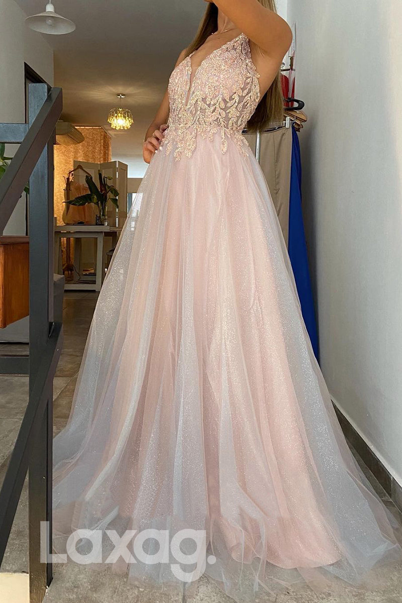 16834 - A-line Deep v-neck Tulle Appliques Sparkly Prom Dress|LAXAG