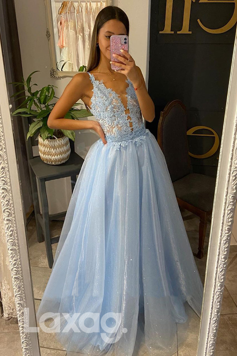 16837 - Plunging V-neck Tulle Appliques A-line Sparkly Prom Dress|LAXAG
