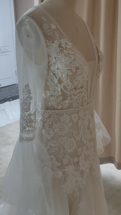13559 - Plunging V-neck Ivory Long Sleeves Lace Wedding Dress