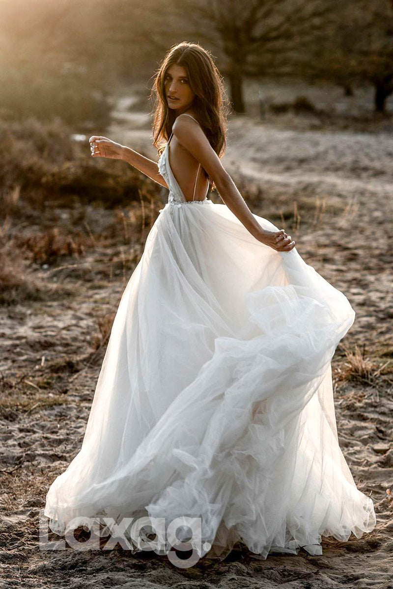 12582 - Plunging Illusion V-neck Appliques Dress Bohemian Bridal Gown|LAXAG