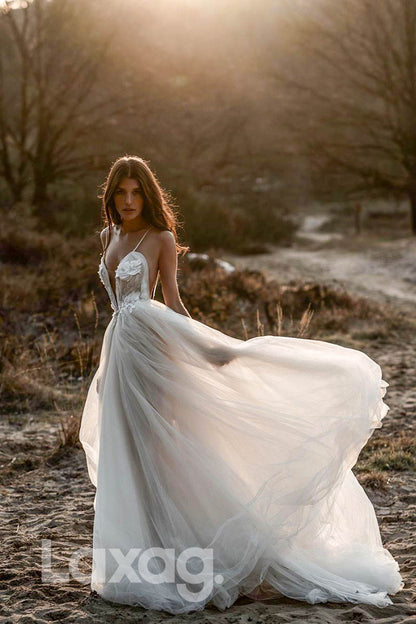 12582 - Plunging Illusion V-neck Appliques Dress Bohemian Bridal Gown|LAXAG