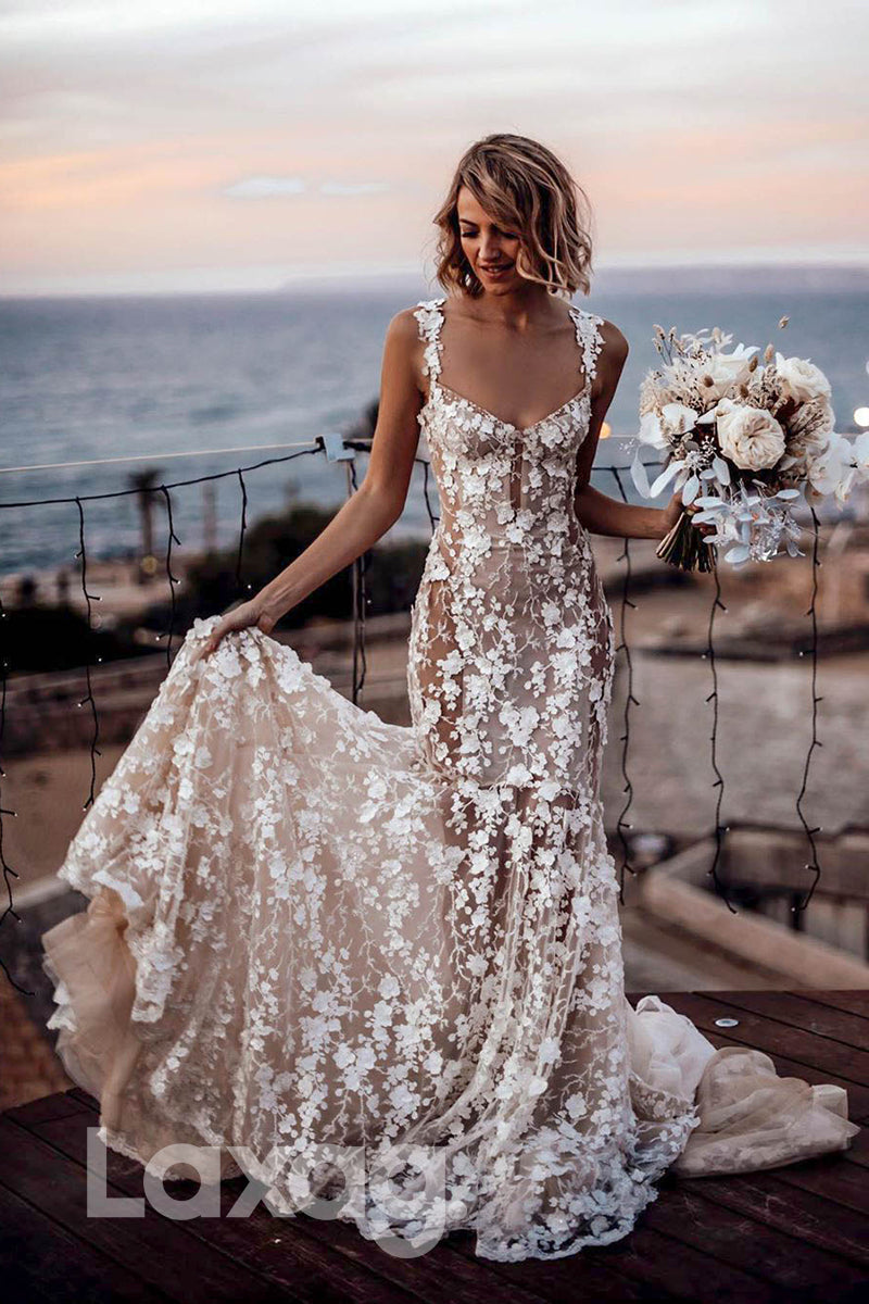 12586 - Allover Champagne Lace Gown Bohemian Wedding Dress|LAXAG