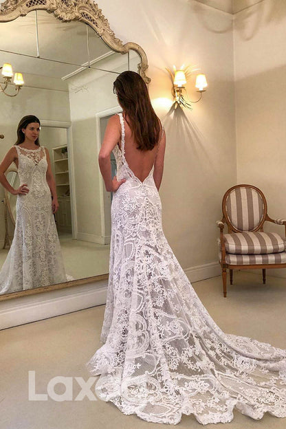 12598 - Illusion Neckline Allover Lace Wedding Dress Backess|Laxag