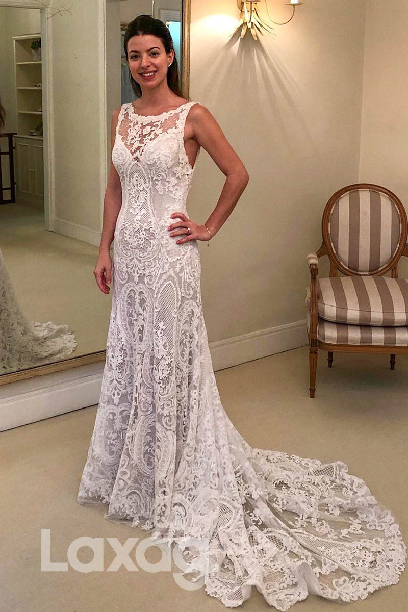 12598 - Illusion Neckline Allover Lace Wedding Dress Backess|Laxag