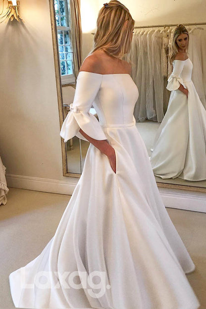 12599 - Off The Shoulder Ivory Satin A-line Wedding Dress|LAXAG