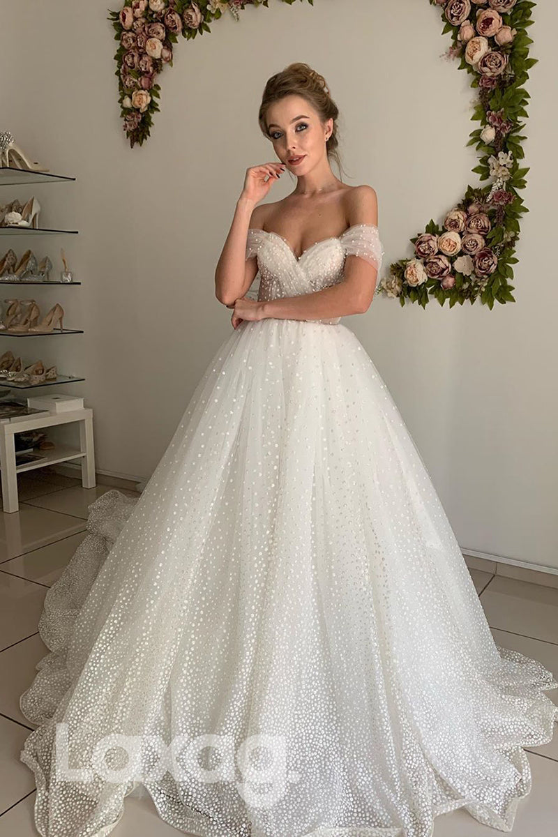 13522 - Off Shoulder Pearls Lace Wedding Dress|LAXAG