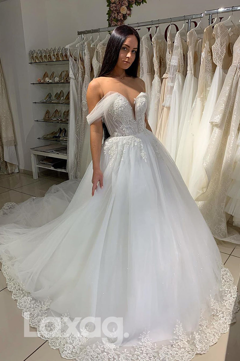 13529 - Off Shoulder Tulle Appliques Wedding Dress|LAXAG