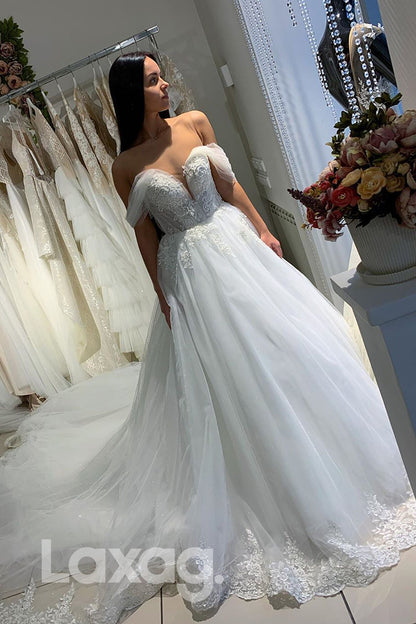 13529 - Off Shoulder Tulle Appliques Wedding Dress|LAXAG