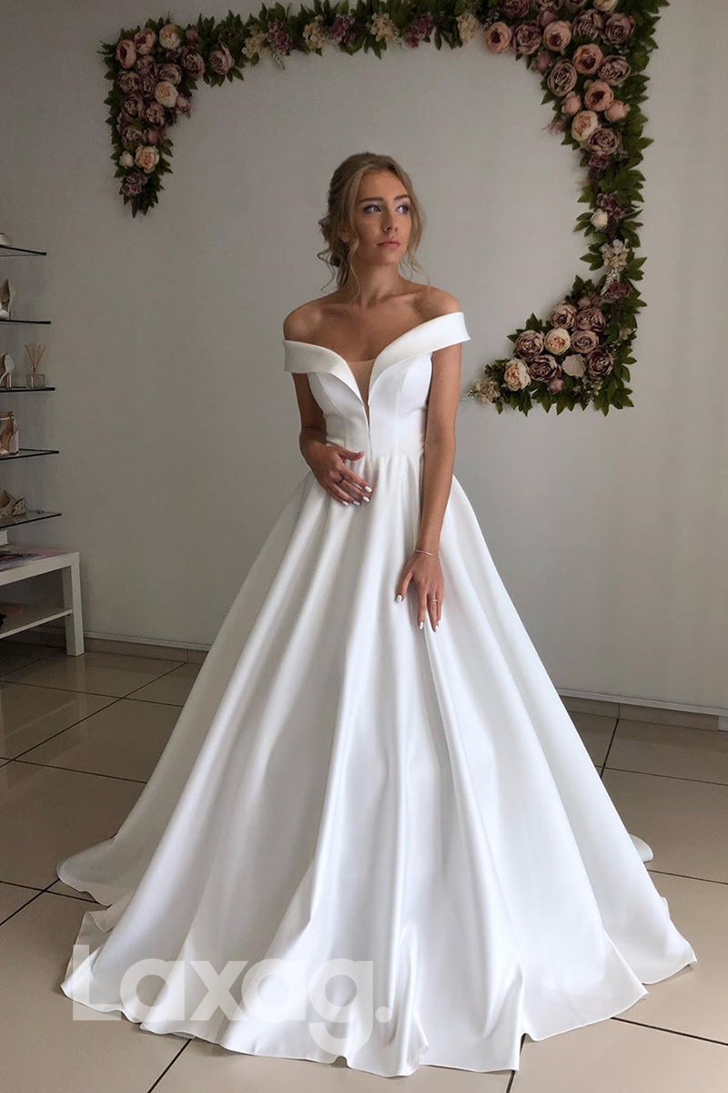 13531- Off Shoulder Ivory Satin A-line Wedding Dress|LAXAG