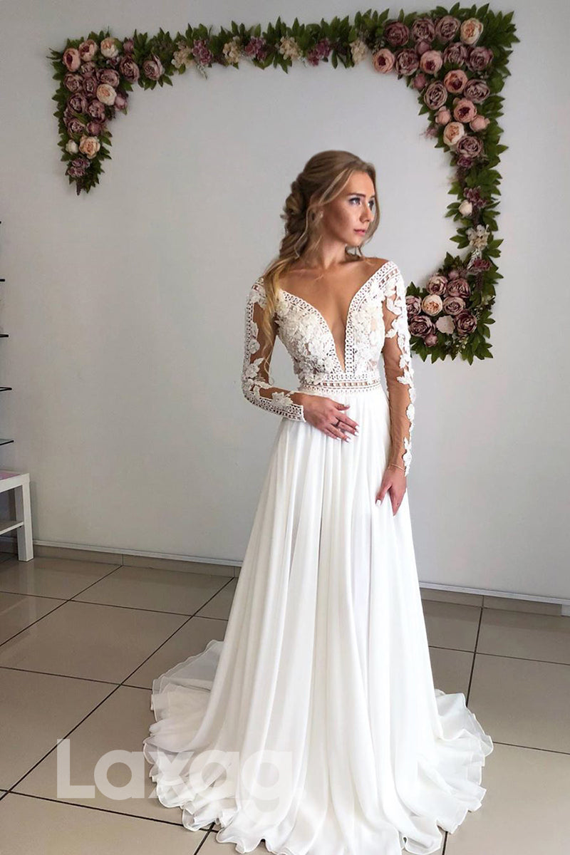 13532 - Plunging V-neck Sheer Long Sleeves Appliques A-line Wedding Dress|LAXAG