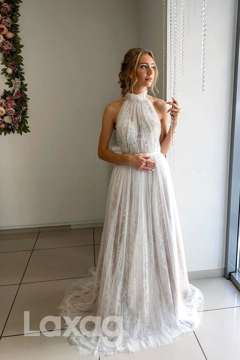 13533 - Unique High Neck Lace A-line Wedding Dress|LAXAG