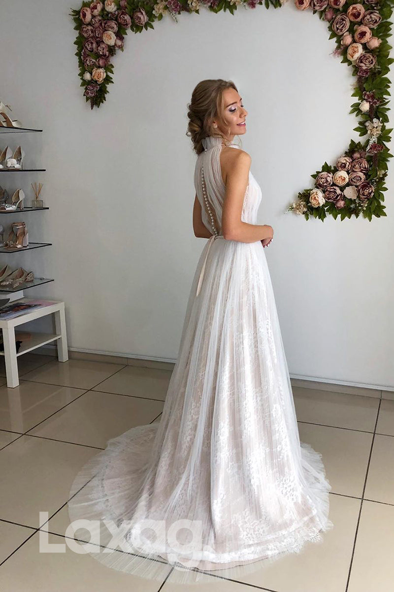 13533 - Unique High Neck Lace A-line Wedding Dress|LAXAG